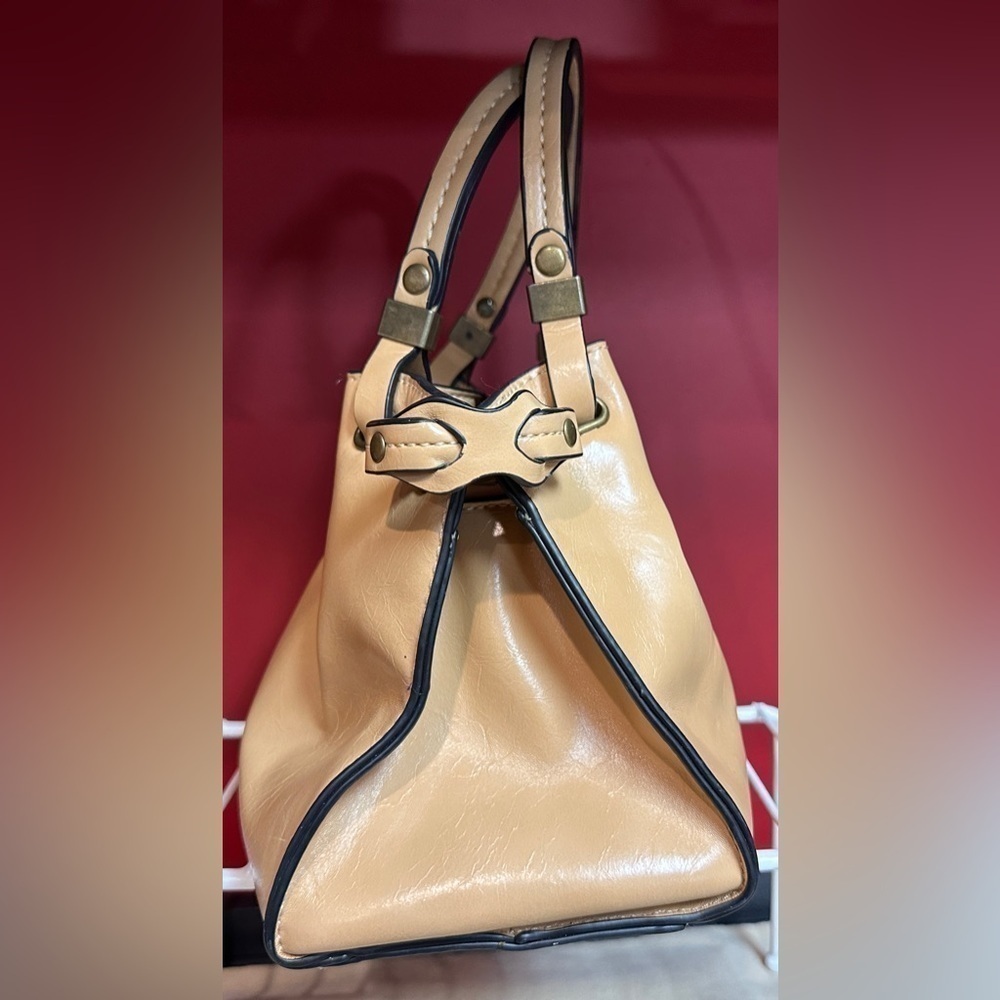 Simply Noelle Small Tan or Light Brown Faux Leather Double Handle Handbag - Picture 3 of 16